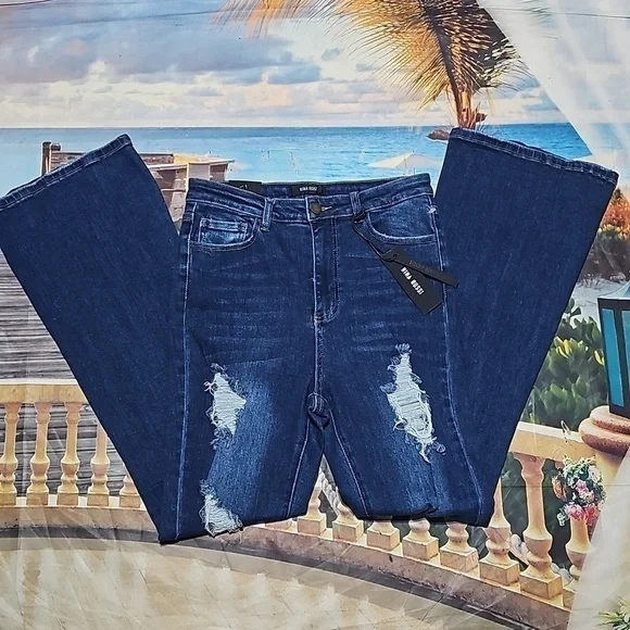 Nina Rossi Distressed High Rise Flare Jeans Size 11 NWT - Picture 4 of 6